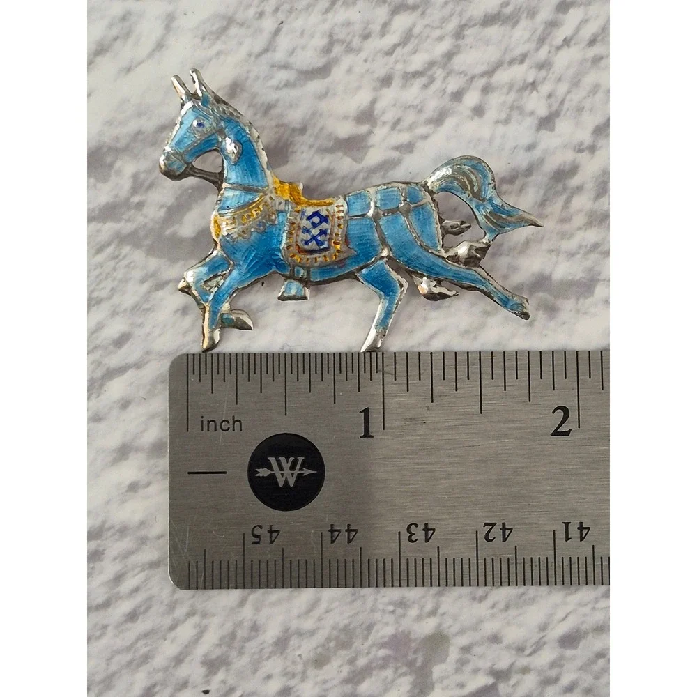 Siam Sterling Vintage Blue Enamel Horse Brooch Pin Equestrian Silver Jewelry